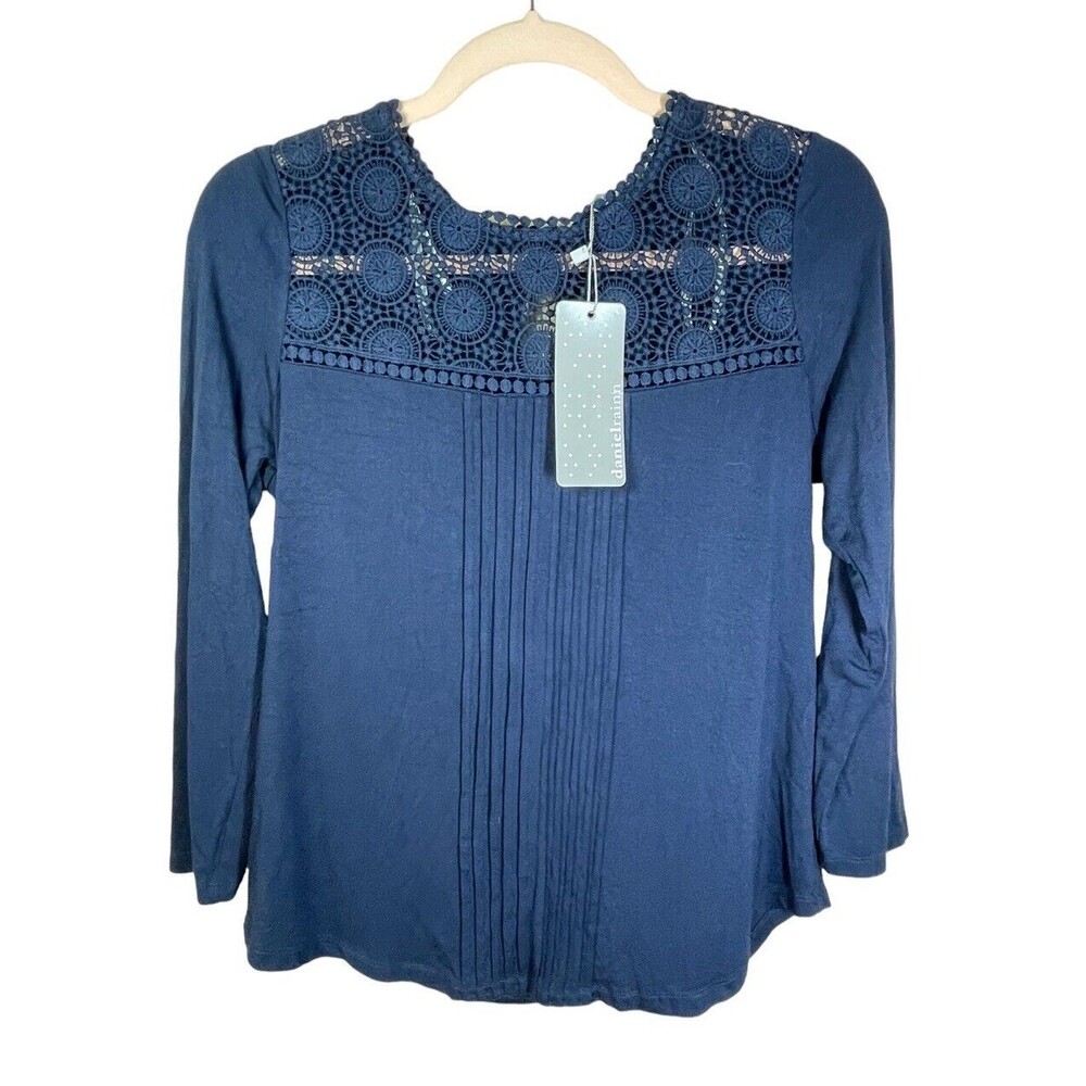 Daniel Rainn Navy Lace Yolk Pleat Front 3/4 Sleeve‎ Jersey Top Size PSmall NWT